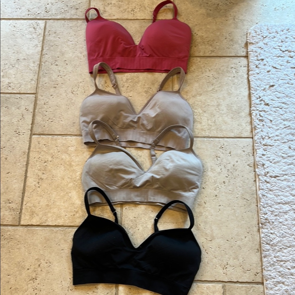 Women's Intimates Set - Black, Beige, and cranberry Bras by Athleta.